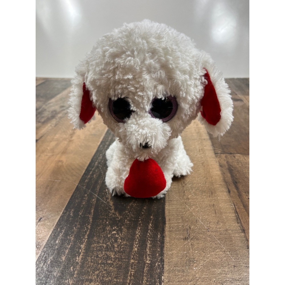 Ty Beanie Boos Honey Bun White Poodle Dog Plush Red Heart Tongue‎ Purple Eyes